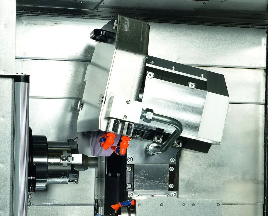MicroTurn Grind external grinding spindle, inclined 12 degrees to the workpiece spindle