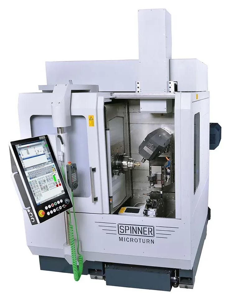 Spinner MicroTurn LTB ultra-precision turn-mill center, door open: main spindle, B-axis milling head, gang table and lower turret