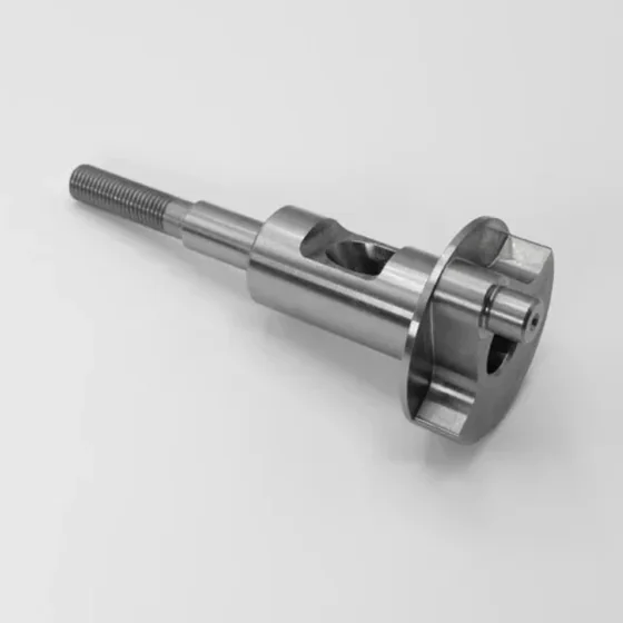 Shaft turned on a Spinner lathe: threaded stem and cross-milled window