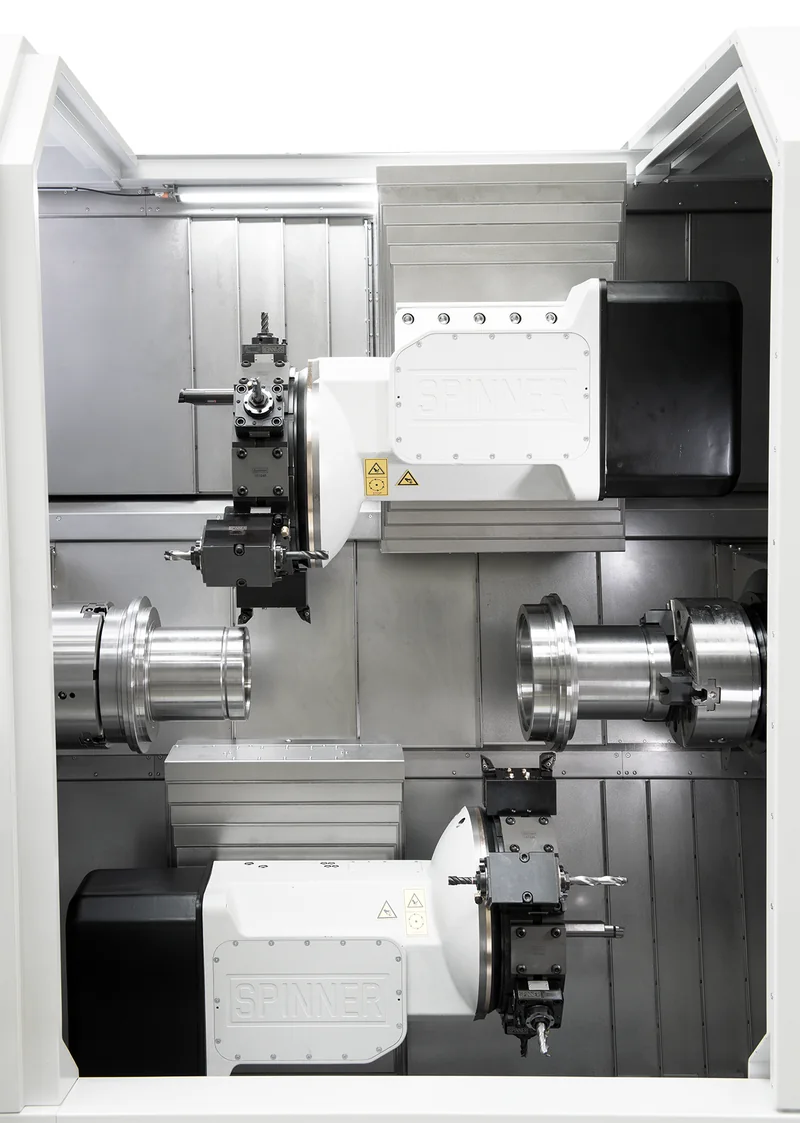 Spinner TTS85 Duplex work area: upper and lower turret with live tools, main and sub spindle chucks