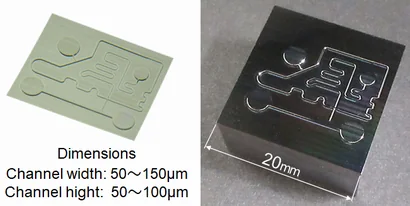 Microfluidic chip mould with 50–150 μm channels machined on a Shibaura UVM